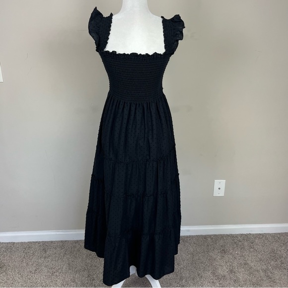 CAARA CALYPSO TIERED MIDI SUNDRESS SMOCKED BODICE FLUTTER STRAPS BLACK LARGE - Picture 9 of 15